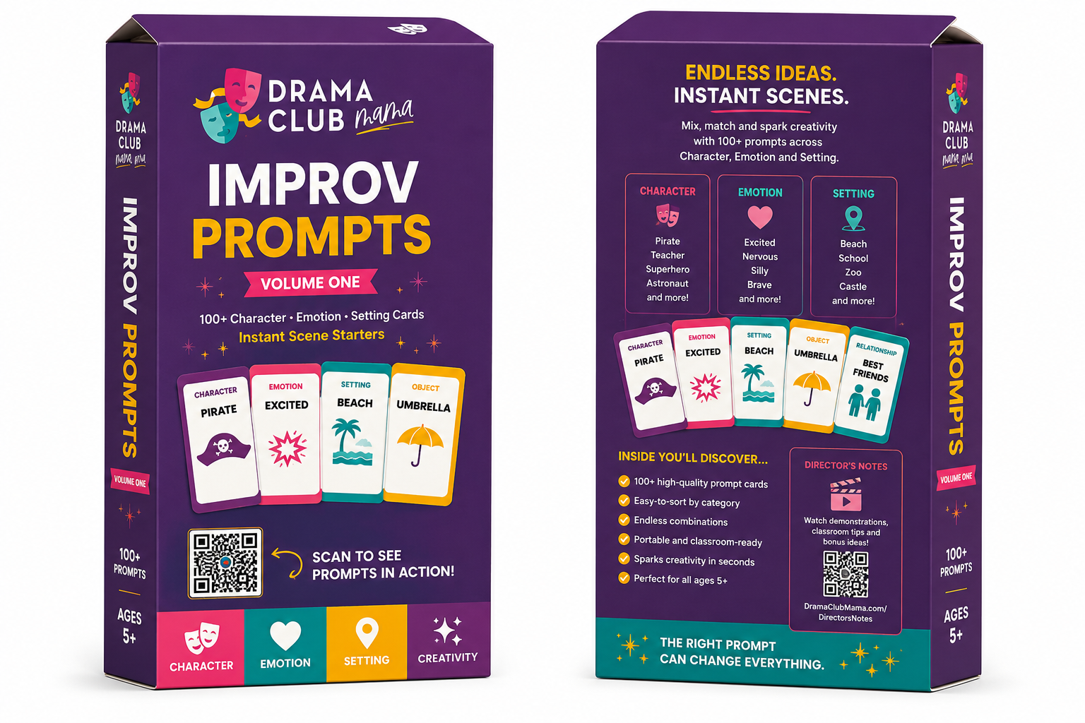 Drama Club Mama Improv Prompts Volume One card game box, front and back