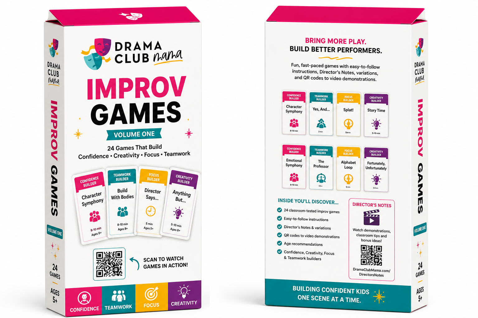 Drama Club Mama Improv Games Volume One card game box, front and back